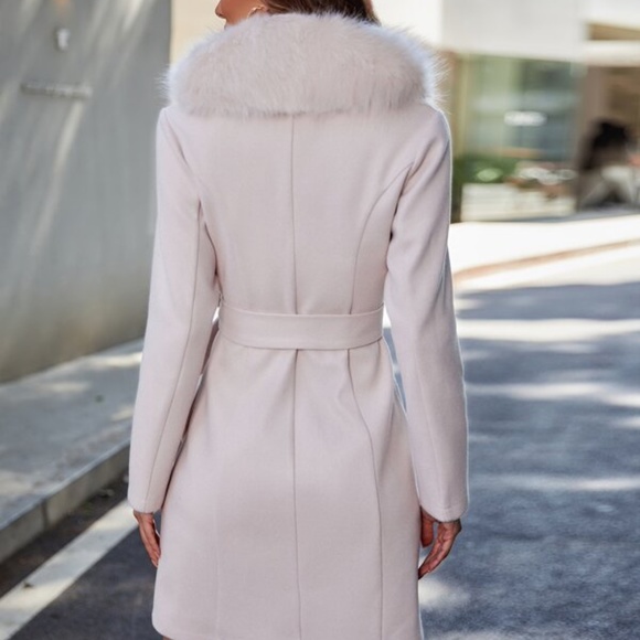 Classic Apricot Vegan Fur Pea coat belted Winter Luxe Glam - Picture 7 of 8